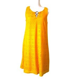Tacera Layered Sleeveless Geometric Lace Dress. Mustard color. Medium